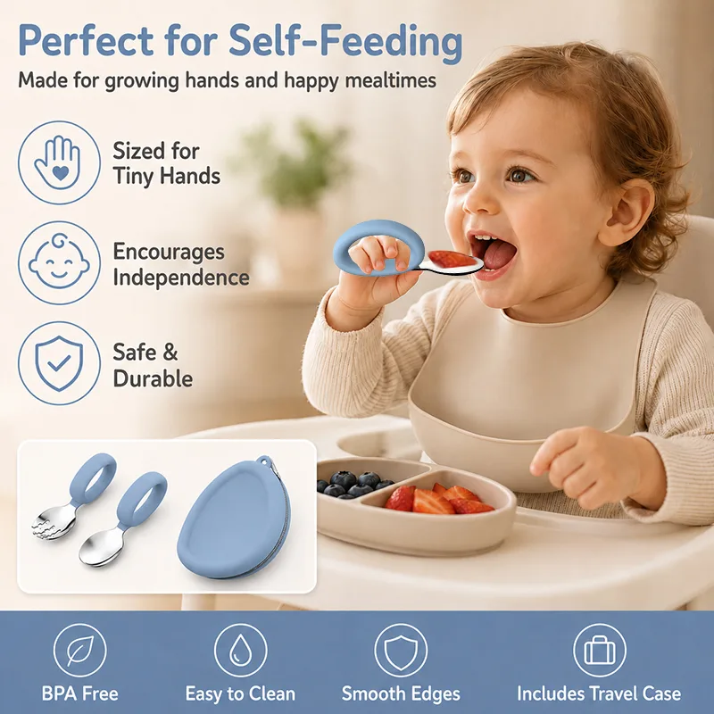Silicone Baby Spoon & Fork Set - Stainless Steel, BPA Free - detail view 4