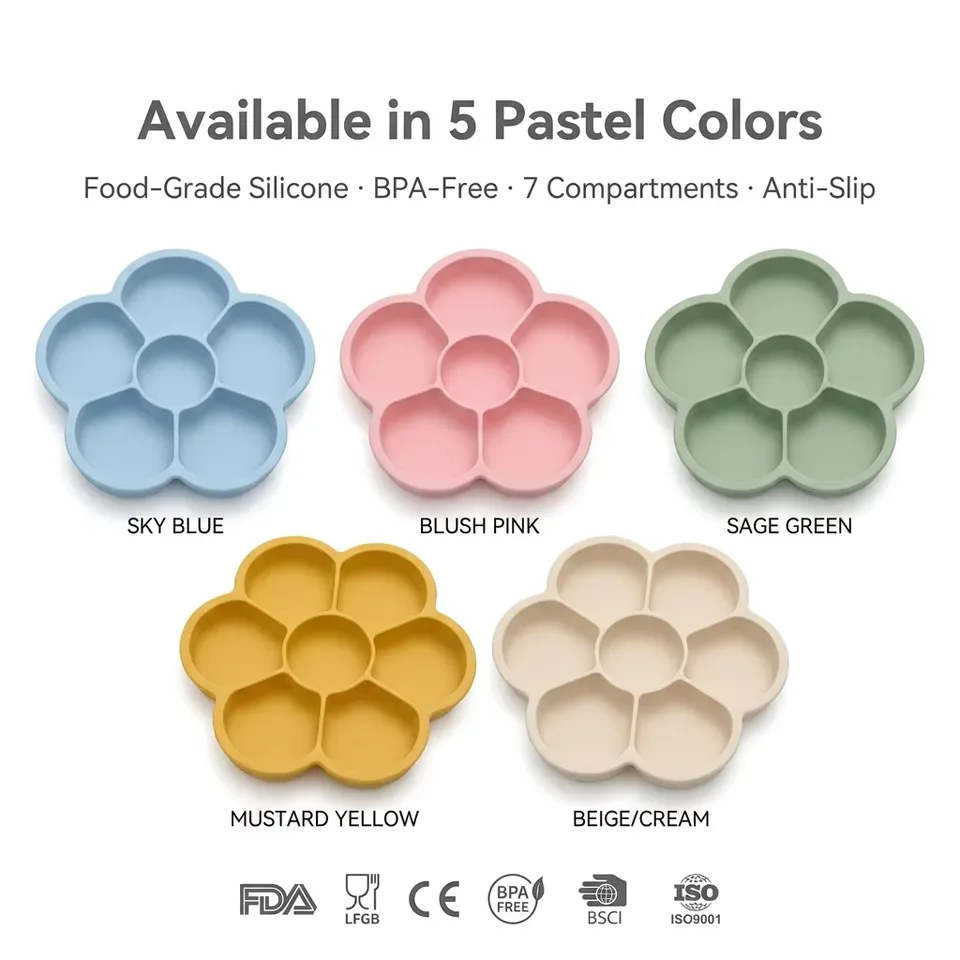 BPA Free Kids Feeding Set Flower Plate Wholesale Dishes Baby Silicon Suction Plate Tableware Baby Plate With Lid - detail view 2