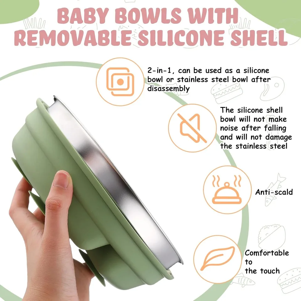 New Arrivals 2-in-1 Stainless Steel Silicone Shell Baby Toddler Bowl Divided Dishwasher Safe Weaning Dish Removable Suction - detail view 3
