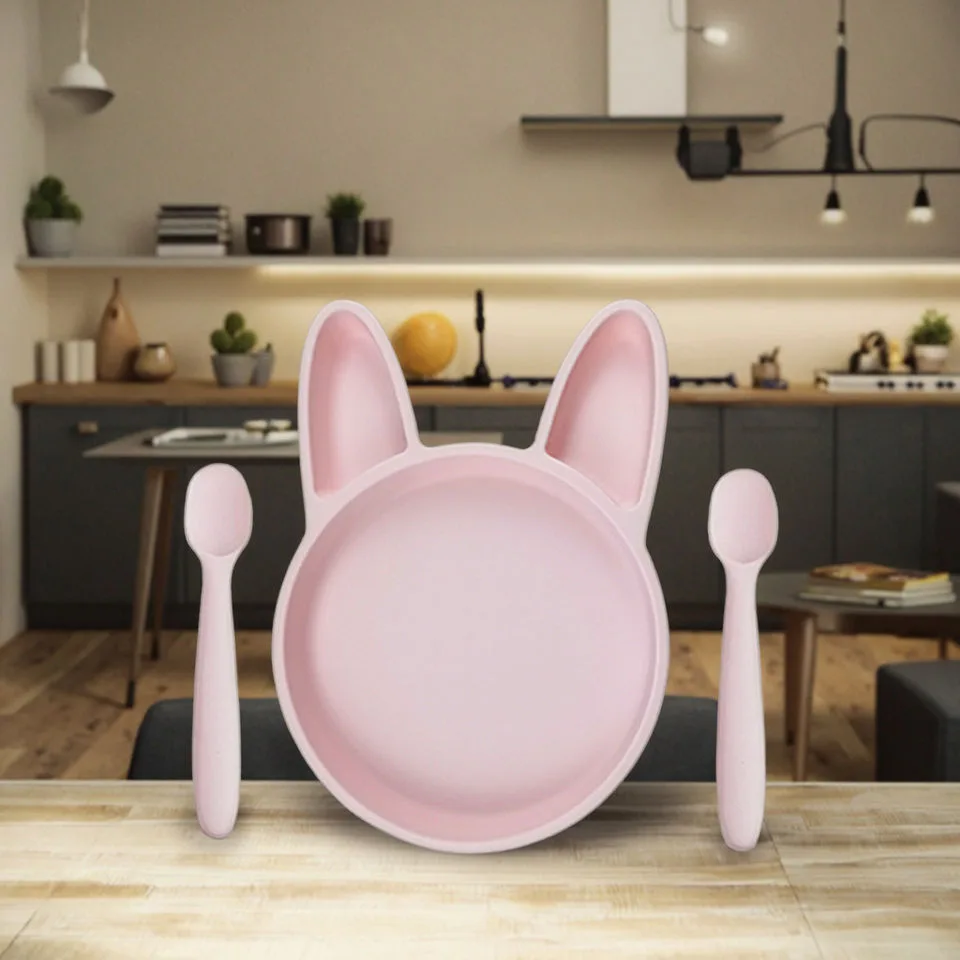 A medida logotipo Bunny Rabbit silicona bebé alimentación juego Manual Driven plato 0-12 - main product image