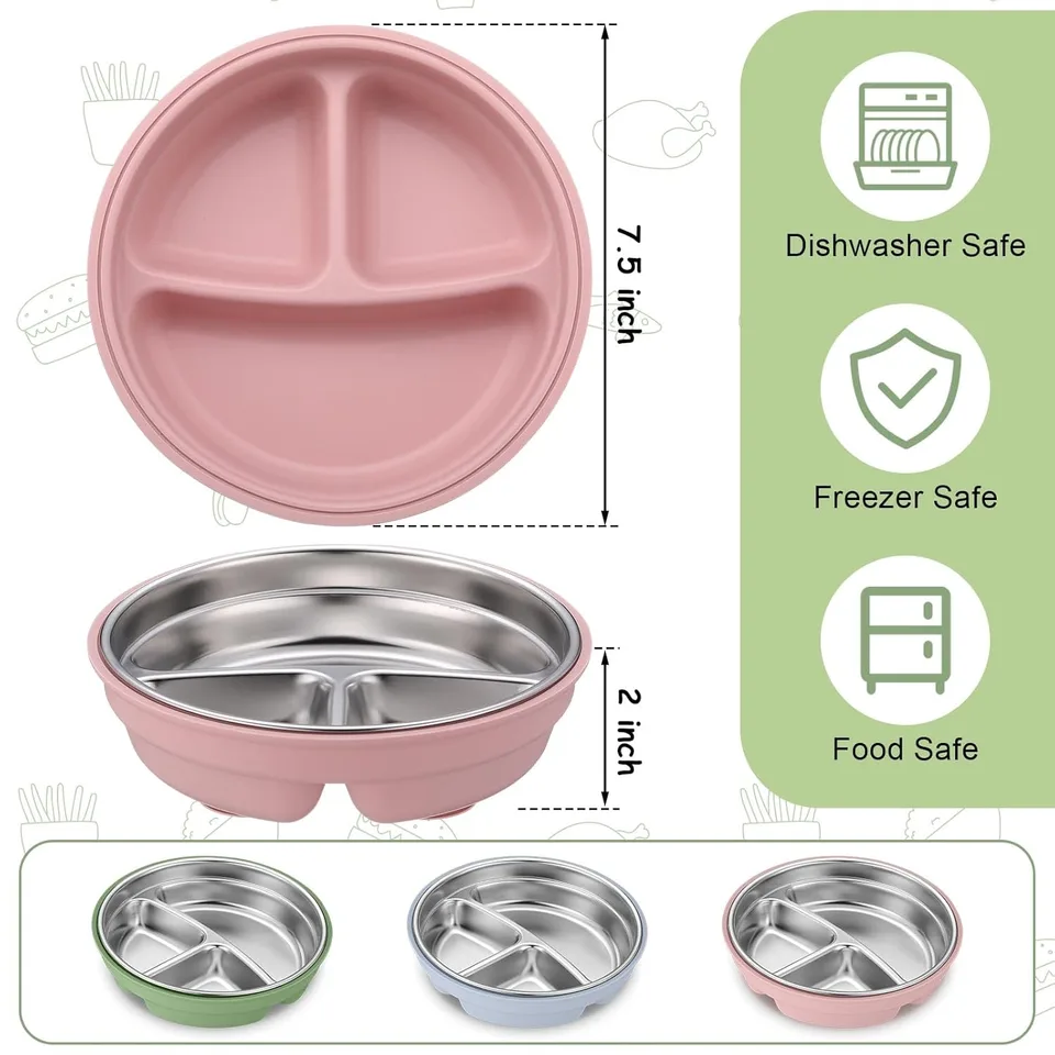 New Arrivals 2-in-1 Stainless Steel Silicone Shell Baby Toddler Bowl Divided Dishwasher Safe Weaning Dish Removable Suction - detail view 5