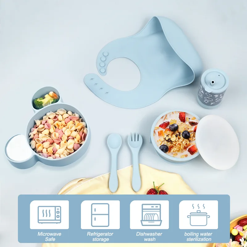 BPA Free Toddler Silicone Baby Feeding Supplies Snack Food Dinnerware Silicone Cup Bib Suction Plate Bowl Spoon and Fork Set - detail view 9