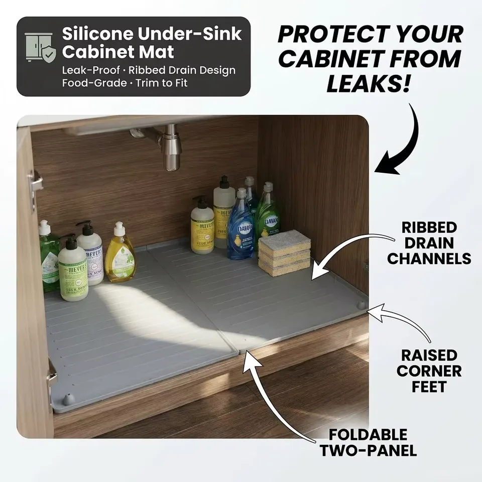 Hot Selling Waterproof Under Sink Mat Cabinet Liner Protector Silicone Drain Mat Kitchen Dish Tray Cutting Service - main product image