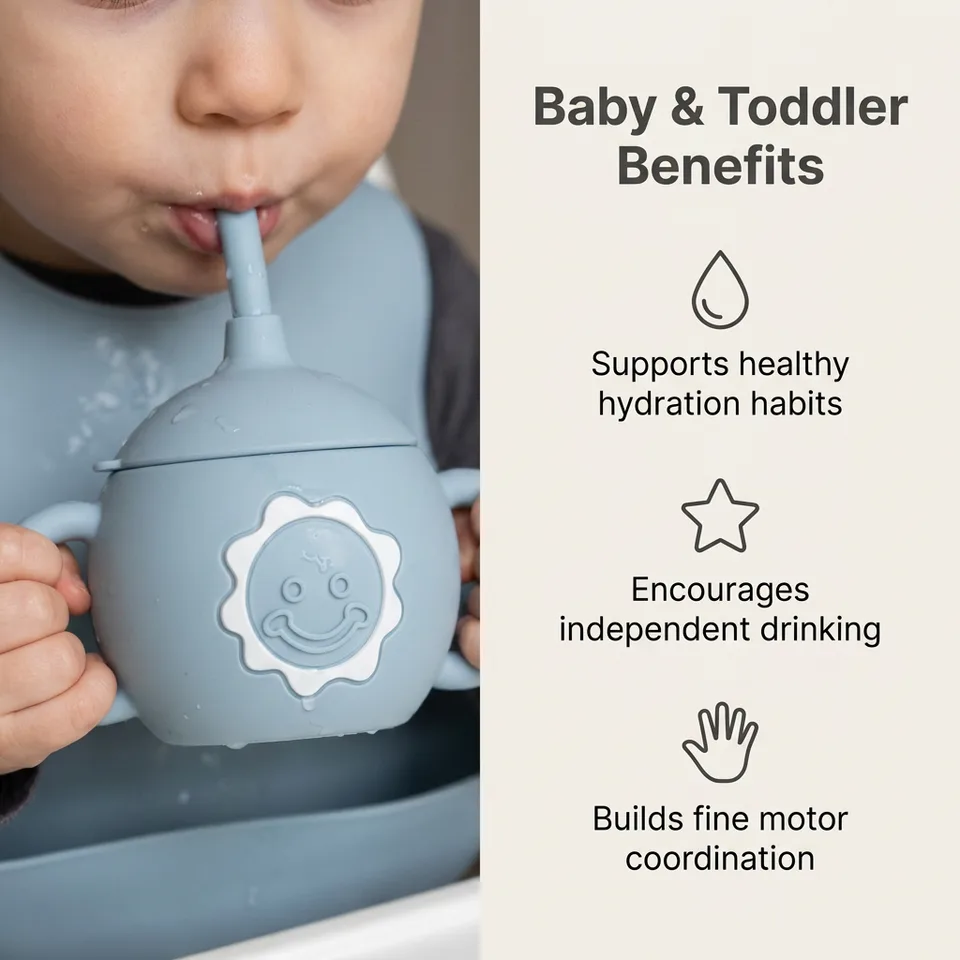 Bpa Free Silicone Drinking Training Cup Cute Toddler Kids Water Bottle Cup Leakproof Baby Sippy Cup with Straw and Handle - detail view 2