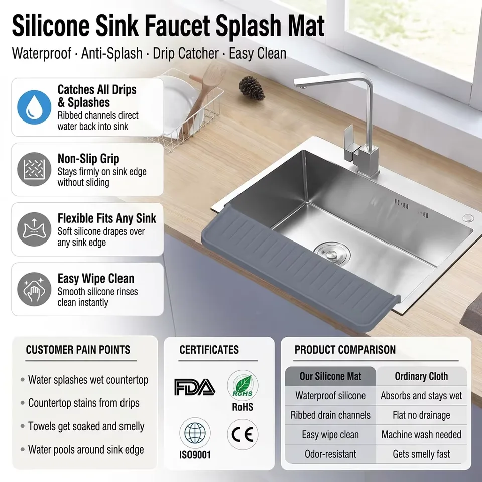 Silicone Faucet Splash Guard Water Catcher Mat Sink Mat Tray Drying Mat Dish Sponge Holder Kitchen Sink Accessory - main product image