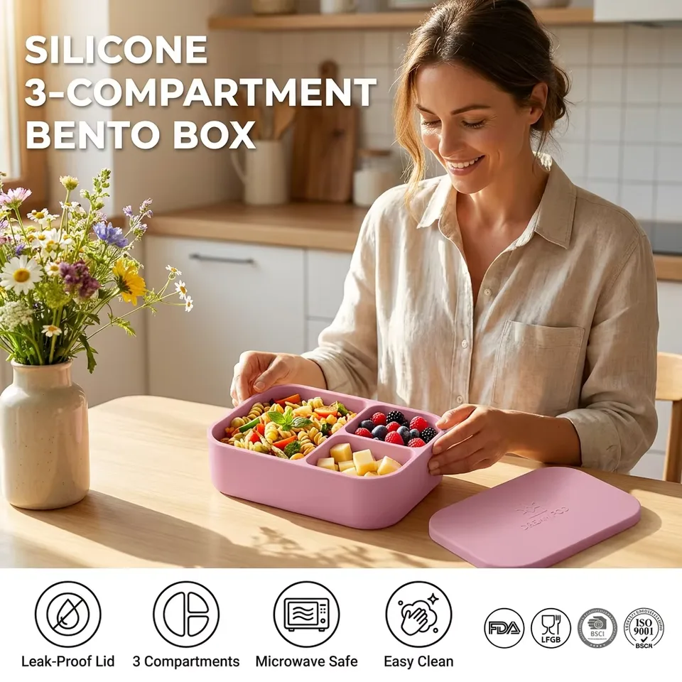 New BPA-Free Collapsible Silicone Food Containers Modern Design Kids Bento Lunch Box Compartments for Kitchen Use - detail view 1
