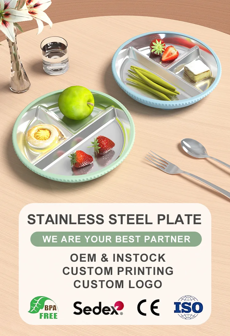 2026 Custom Logo Baby Tableware Kids Dinning Three Divided 304 Stainless Steel Plate Baby Silicone Plate - detail view 6