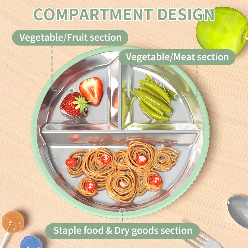 2026 Custom Logo Baby Tableware Kids Dinning Three Divided 304 Stainless Steel Plate Baby Silicone Plate - detail view 4