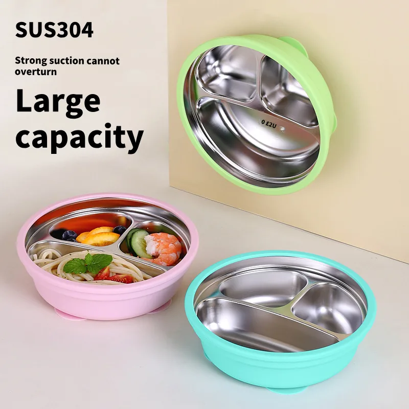 New Arrivals 2-in-1 Stainless Steel Silicone Shell Baby Toddler Bowl Divided Dishwasher Safe Weaning Dish Removable Suction - main product image