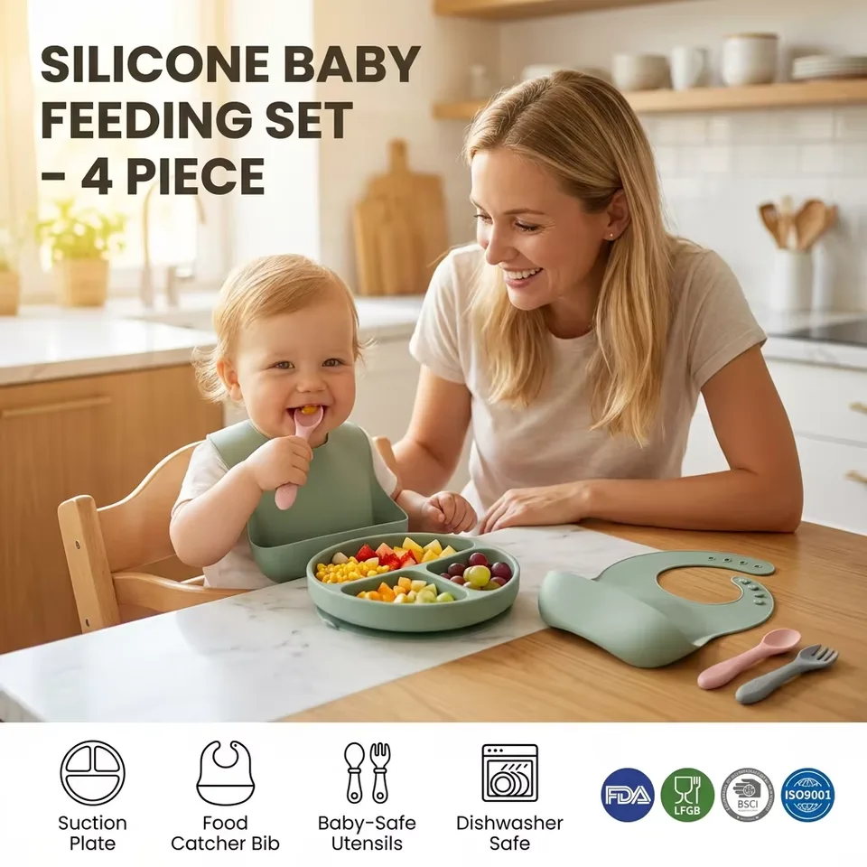 BPA Free Silicone Baby Bowl Kids Plate Bib Weaning Set Children Tableware for Safe Baby Feeding - custom silicone manufacturer