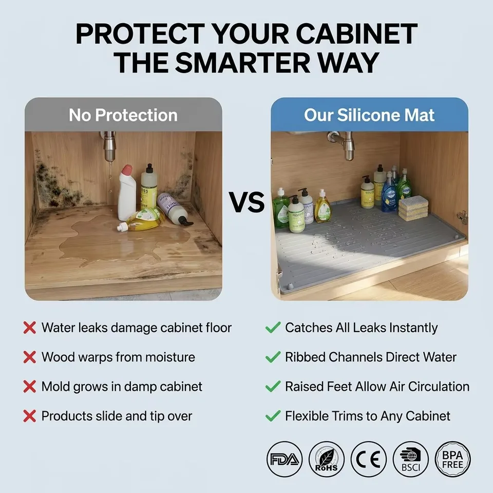 Hot Selling Waterproof Under Sink Mat Cabinet Liner Protector Silicone Drain Mat Kitchen Dish Tray Cutting Service - detail view 2
