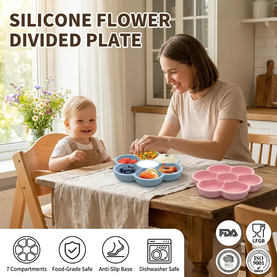 BPA Free Kids Feeding Set Flower Plate Wholesale Dishes Baby Silicon Suction Plate Tableware Baby Plate With Lid - main product image