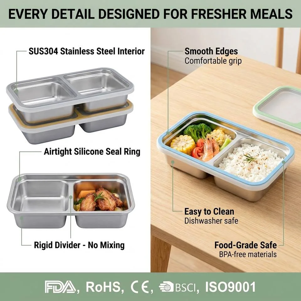304 aço inoxidável 2 Compartments à prova de vazamento bento caixa criança Metal bento - detail view 3