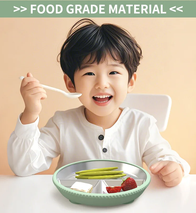 2026 Custom Logo Baby Tableware Kids Dinning Three Divided 304 Stainless Steel Plate Baby Silicone Plate - detail view 7