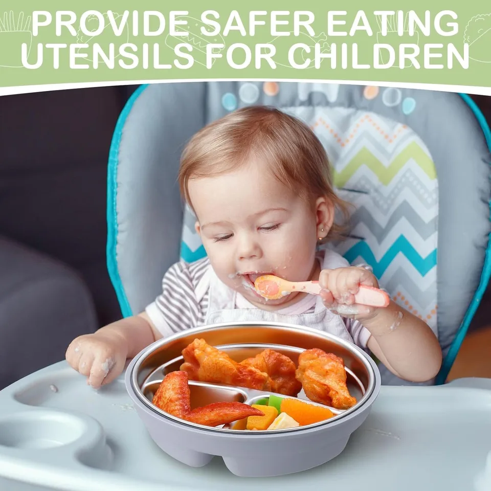 New Arrivals 2-in-1 Stainless Steel Silicone Shell Baby Toddler Bowl Divided Dishwasher Safe Weaning Dish Removable Suction - detail view 2