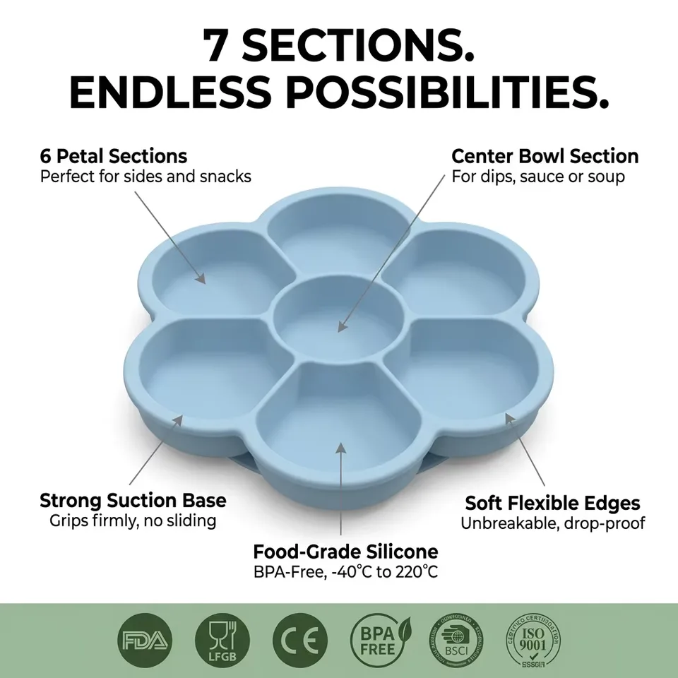 BPA Free Kids Feeding Set Flower Plate Wholesale Dishes Baby Silicon Suction Plate Tableware Baby Plate With Lid - detail view 3