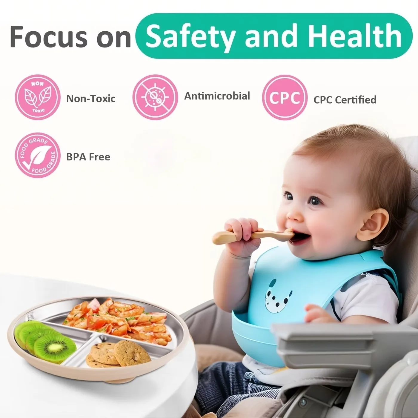 9" Stainless Steel Divided Toddler Plate Removable Silicone Sleeves Non Toxic BPA Free Unbreakable Baby Kids Dining - detail view 10