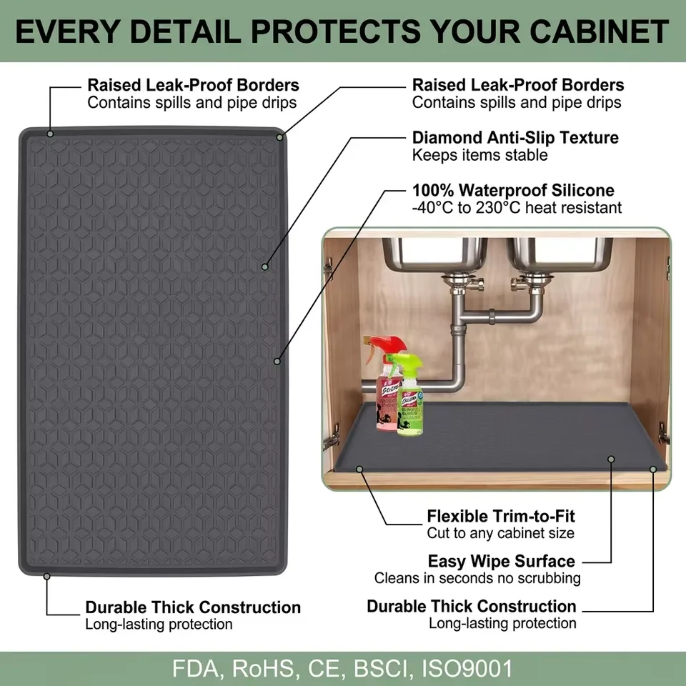 Custom Waterproof Kitchen Sink Mat with Drain Hole Anti-slip Kitchen Cabinet Protector Under Mat Sink Silicone Mat - detail view 4