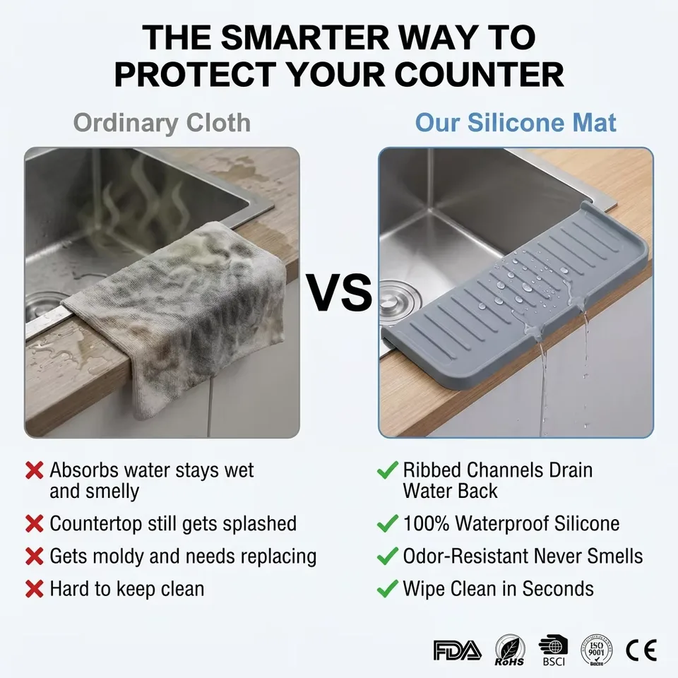 Silicone Faucet Splash Guard Water Catcher Mat Sink Mat Tray Drying Mat Dish Sponge Holder Kitchen Sink Accessory - detail view 1