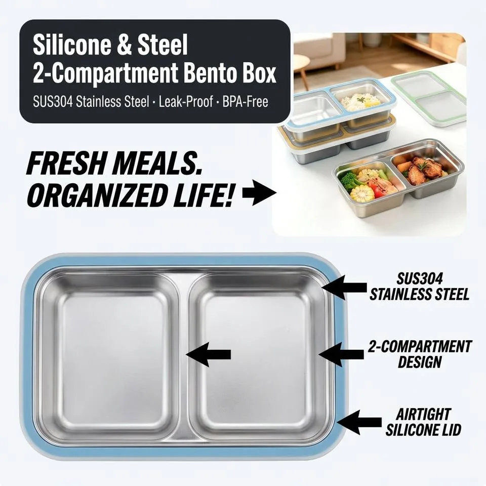 304 aço inoxidável 2 Compartments à prova de vazamento bento caixa criança Metal bento - main product image