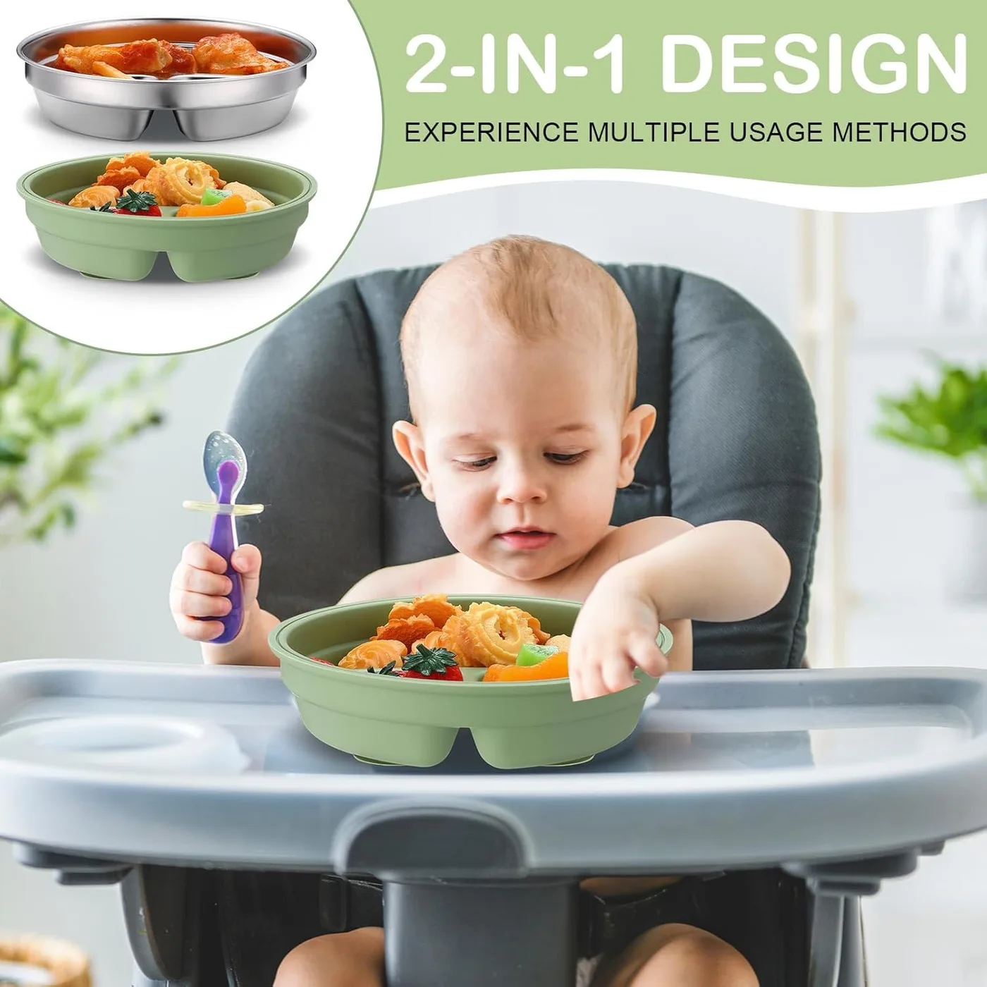 New Arrivals 2-in-1 Stainless Steel Silicone Shell Baby Toddler Bowl Divided Dishwasher Safe Weaning Dish Removable Suction - detail view 6