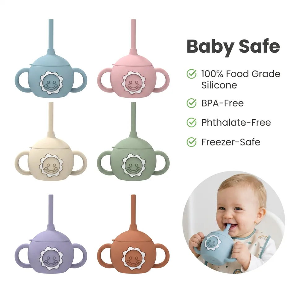 Bpa Free Silicone Drinking Training Cup Cute Toddler Kids Water Bottle Cup Leakproof Baby Sippy Cup with Straw and Handle - main product image
