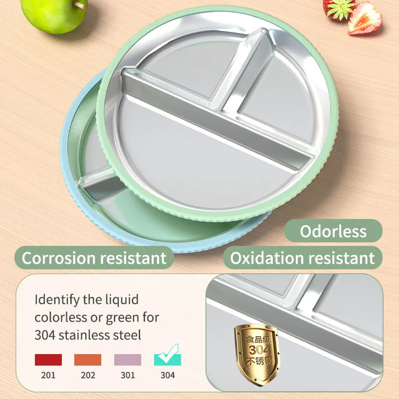 2026 Custom Logo Baby Tableware Kids Dinning Three Divided 304 Stainless Steel Plate Baby Silicone Plate - detail view 2