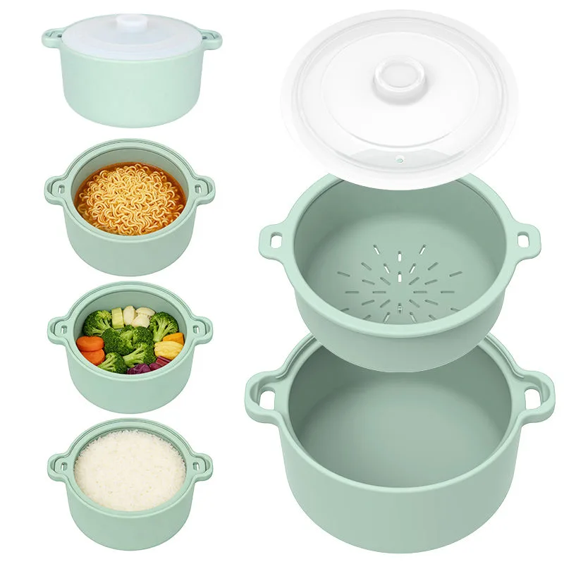 Food Grade Silicone Microwave Steamer Pot Healthy Sugar Lowering Cooker Bowl for Vegetables Eco-Friendly Removable Strainer - main product image