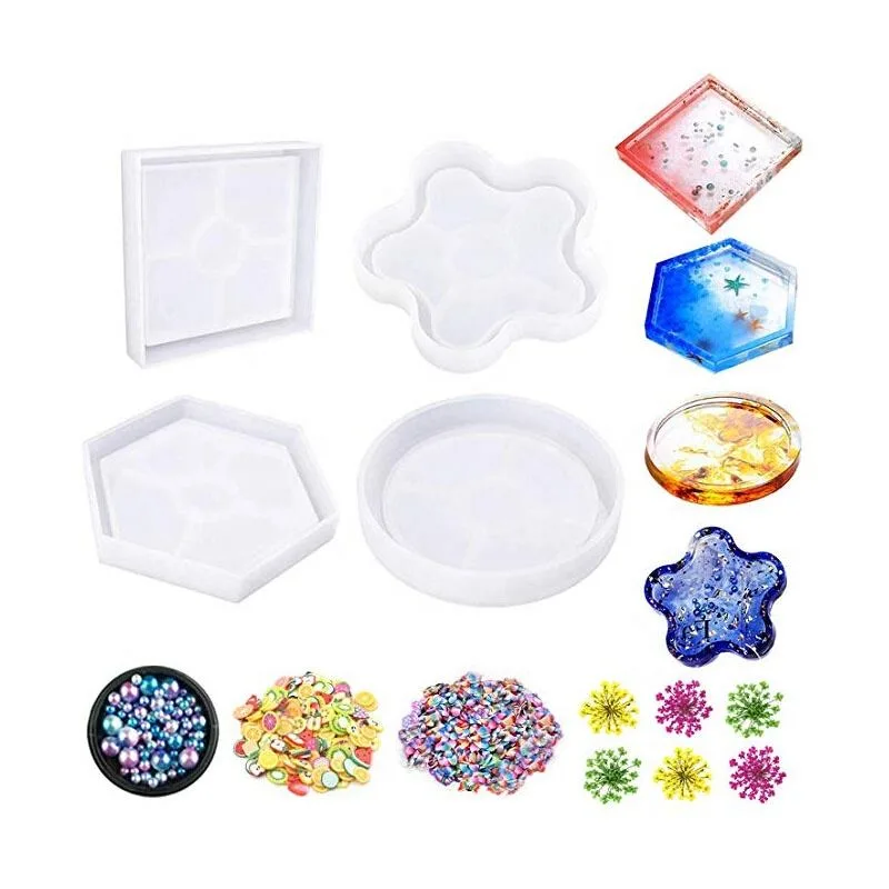 Silicone Molds résine Epoxy Casting Molds 4 Pieces Shapes Flowers Beads DIY Craft Making - main product image