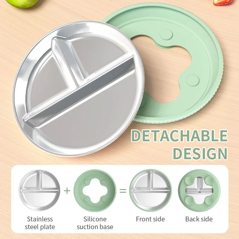 2026 Custom Logo Baby Tableware Kids Dinning Three Divided 304 Stainless Steel Plate Baby Silicone Plate - detail view 3