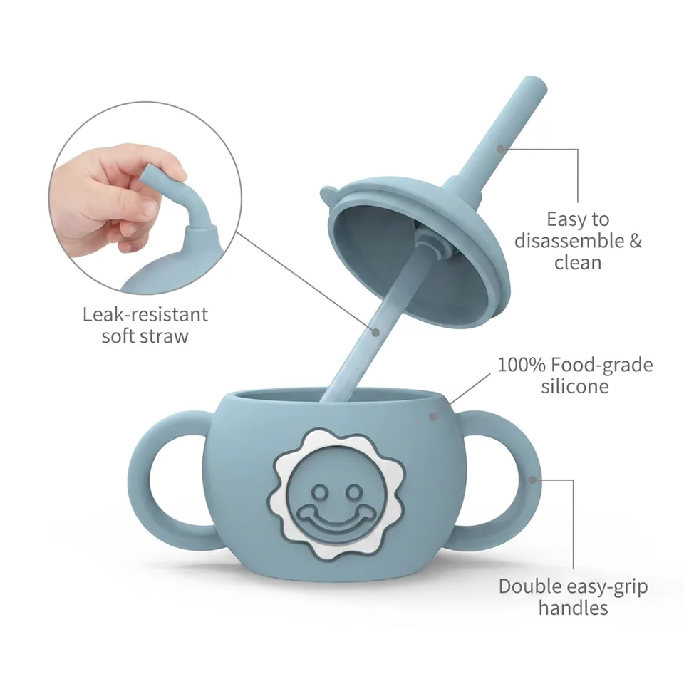 Bpa Free Silicone Drinking Training Cup Cute Toddler Kids Water Bottle Cup Leakproof Baby Sippy Cup with Straw and Handle - detail view 3
