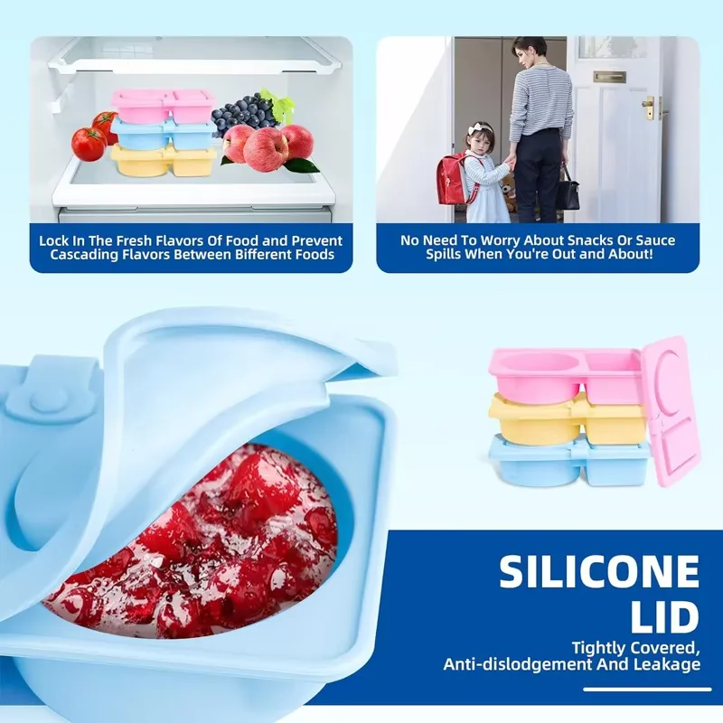 Silicone Reusable Snack Containers Double Compartment Foldable Portable Lids Dishwasher Safe Freshness Preservation Lunch Boxes - detail view 1