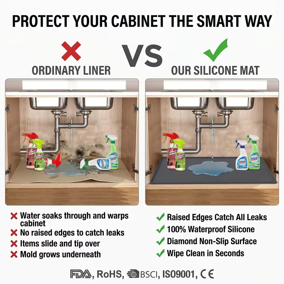 Custom Waterproof Kitchen Sink Mat with Drain Hole Anti-slip Kitchen Cabinet Protector Under Mat Sink Silicone Mat - detail view 2