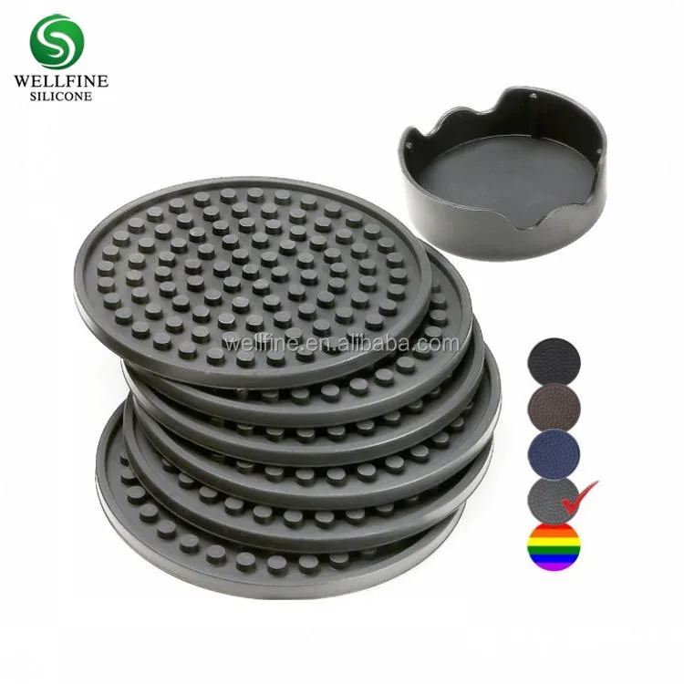 Silicone Coasters Set of 6 in Holder - Protect Furniture From Water Marks & Damage - Good Grip Deep Tray Large 4.3 Inch Size - main product image