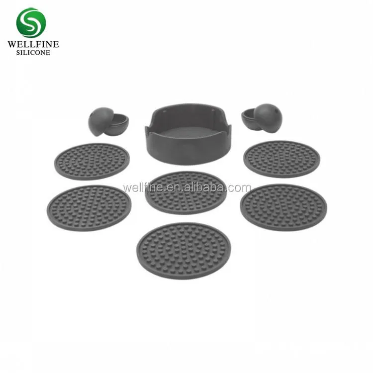 Silicone Coasters Set of 6 in Holder - Protect Furniture From Water Marks & Damage - Good Grip Deep Tray Large 4.3 Inch Size - detail view 1