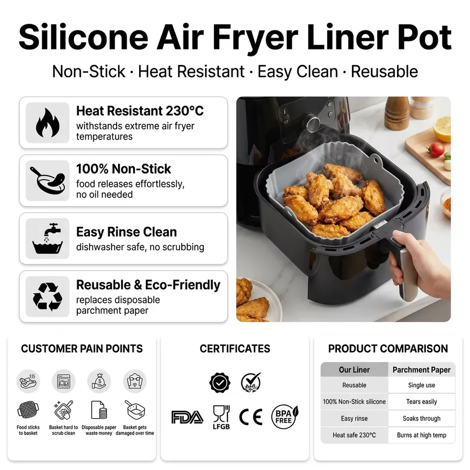 Wholesale BPA-free Air Fryer Silicone Pot Reusable Round Silicone Basket Heat Resistant Easy Cleaning Air Fryer Silicone Liners - detail view 1