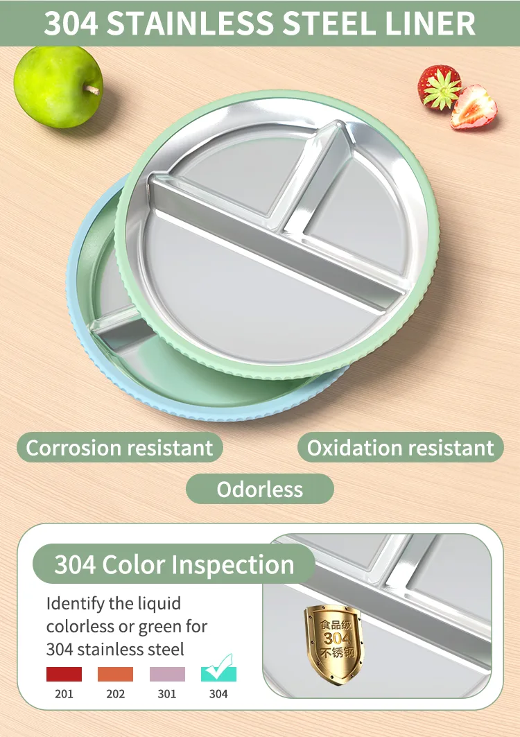 2026 Custom Logo Baby Tableware Kids Dinning Three Divided 304 Stainless Steel Plate Baby Silicone Plate - detail view 8