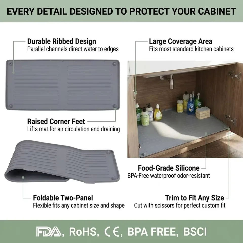 Hot Selling Waterproof Under Sink Mat Cabinet Liner Protector Silicone Drain Mat Kitchen Dish Tray Cutting Service - detail view 4