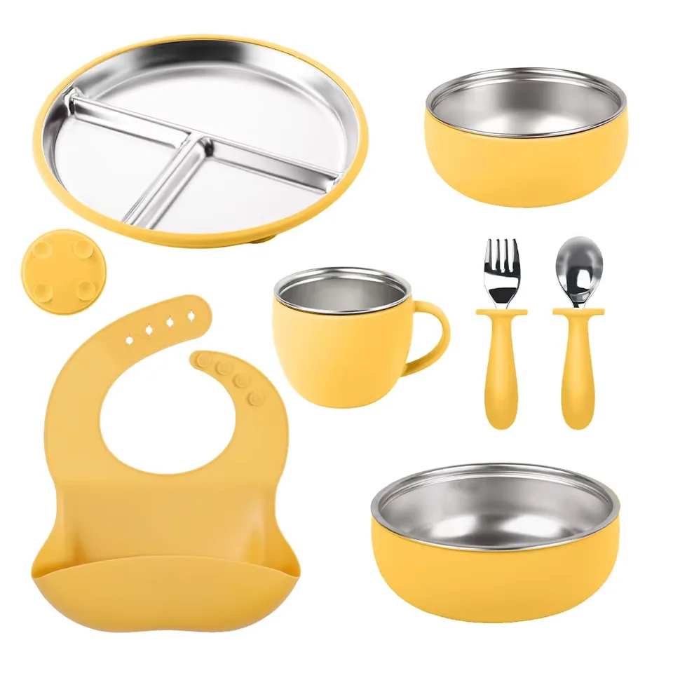 Clássico design infantil louças 304 aço inoxidável silicone jantar prato ventosa Boxed - main product image