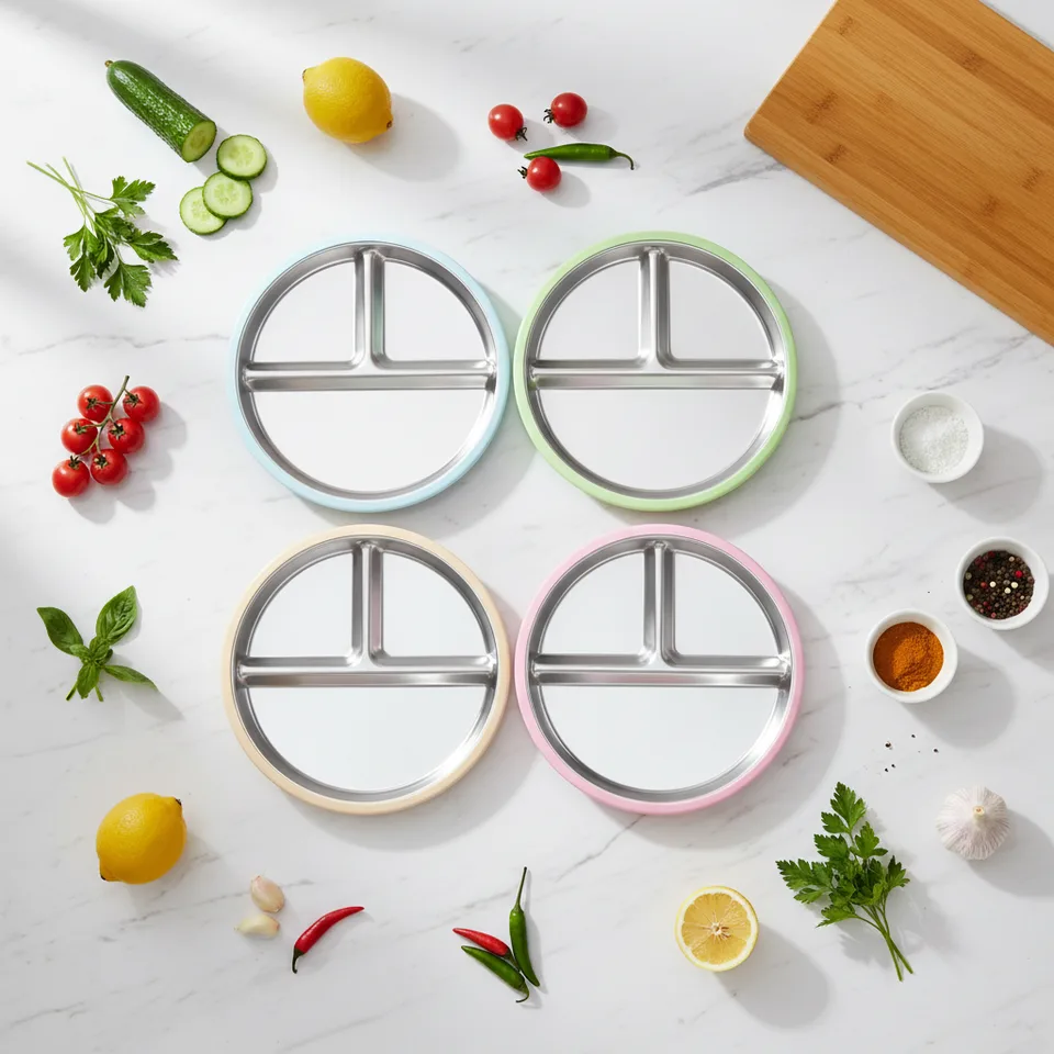 모던 스테인리스 스틸 방수 유아 칸막이 유아 접시 9inch 분리형 실리콘 Sleeves - main product image