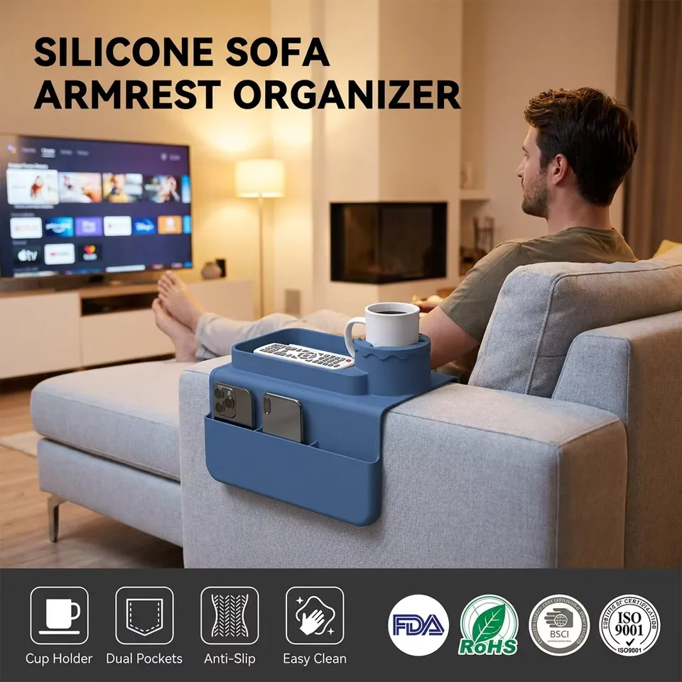 New Silicone Couch Cup Holder Portable Silicone Sofa Armrest Tray for Coffee Mug Phone Remote Snacks - custom silicone manufacturer