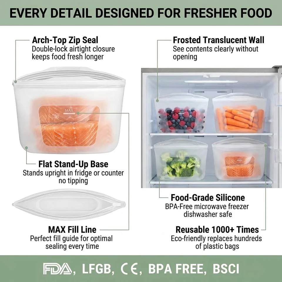 100% Silicone Food Storage Bag Reusable Food Container for Cooking Store Freeze Leakproof Dishwasher-safe - detail view 4