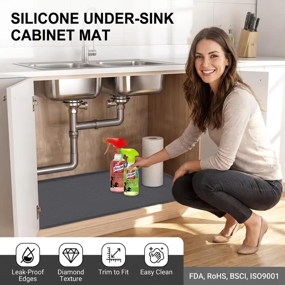 Custom Waterproof Kitchen Sink Mat with Drain Hole Anti-slip Kitchen Cabinet Protector Under Mat Sink Silicone Mat - detail view 1