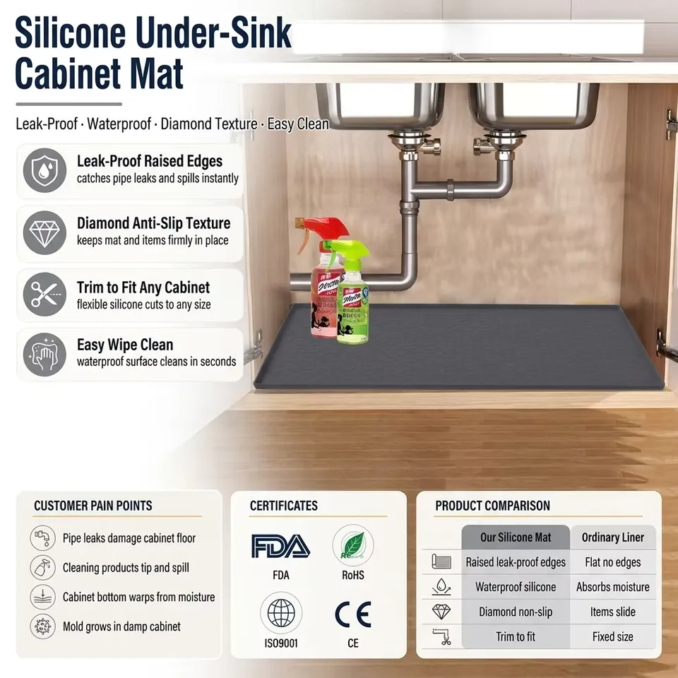 Custom Waterproof Kitchen Sink Mat with Drain Hole Anti-slip Kitchen Cabinet Protector Under Mat Sink Silicone Mat - main product image