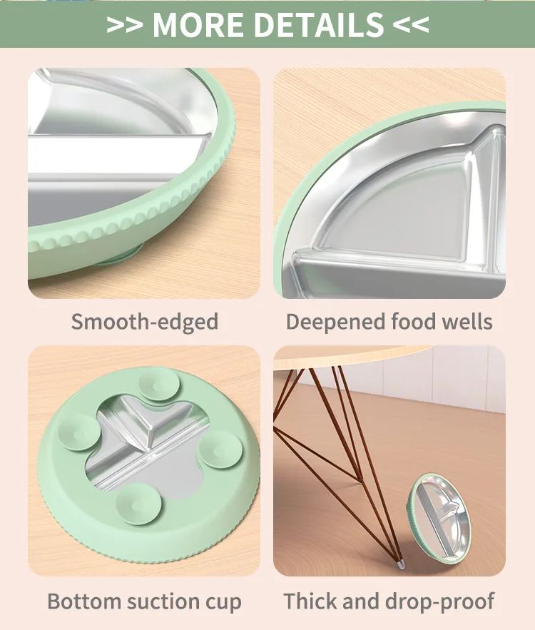 2026 Custom Logo Baby Tableware Kids Dinning Three Divided 304 Stainless Steel Plate Baby Silicone Plate - detail view 11