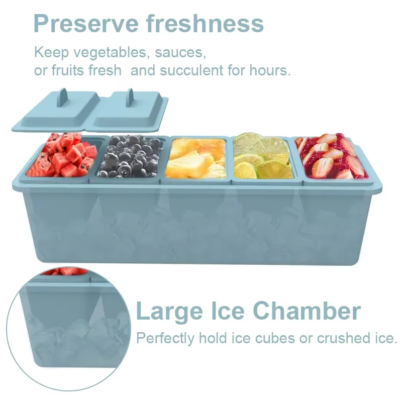 Large Ice Chilled Condiment Caddy 5 Removable Compartment Serving Platters Fruit Garnish Tray - detail view 8