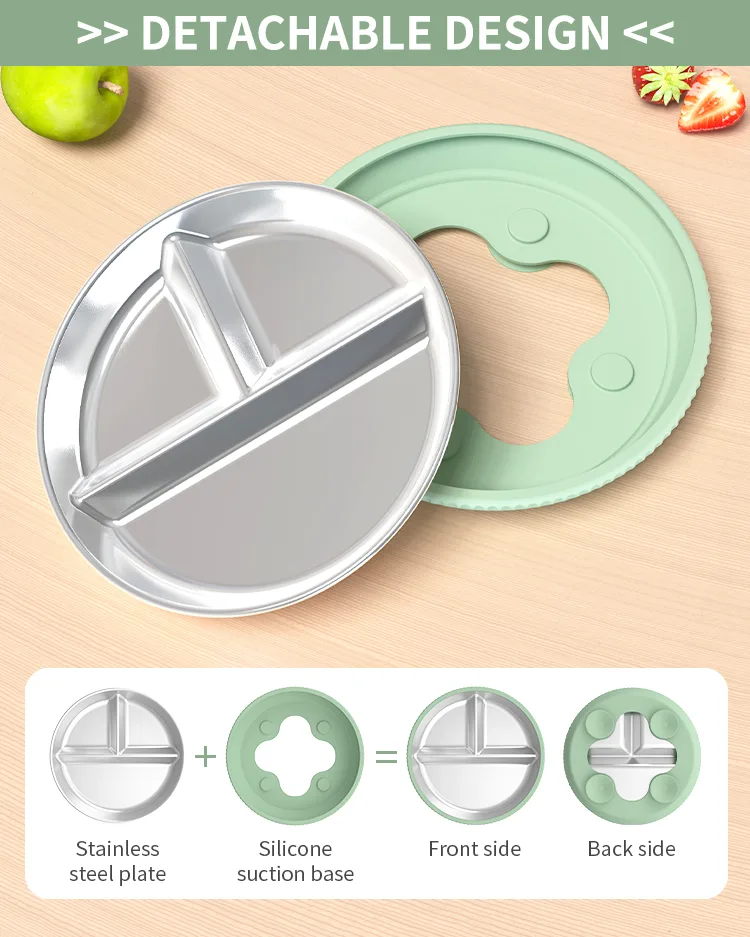 2026 Custom Logo Baby Tableware Kids Dinning Three Divided 304 Stainless Steel Plate Baby Silicone Plate - detail view 9