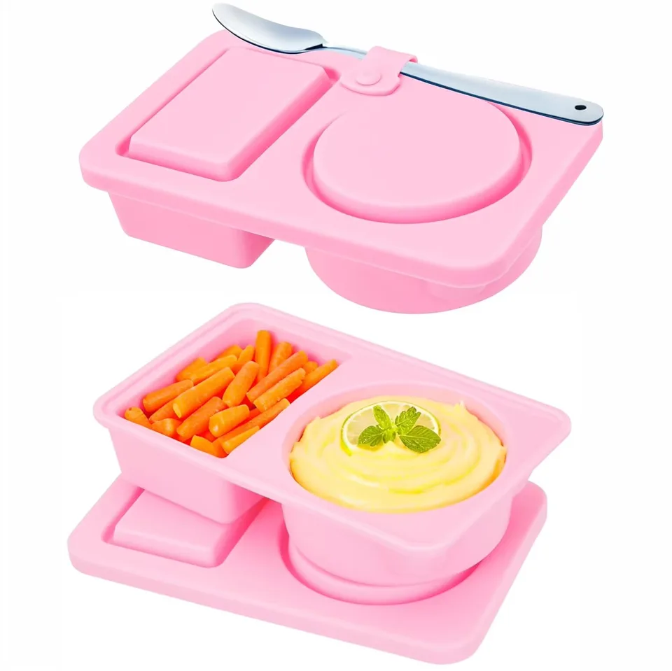 Silicone Reusable Snack Containers Double Compartment Foldable Portable Lids Dishwasher Safe Freshness Preservation Lunch Boxes - detail view 5