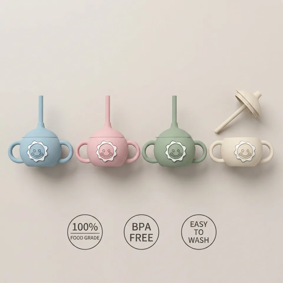 Bpa Free Silicone Drinking Training Cup Cute Toddler Kids Water Bottle Cup Leakproof Baby Sippy Cup with Straw and Handle - detail view 4