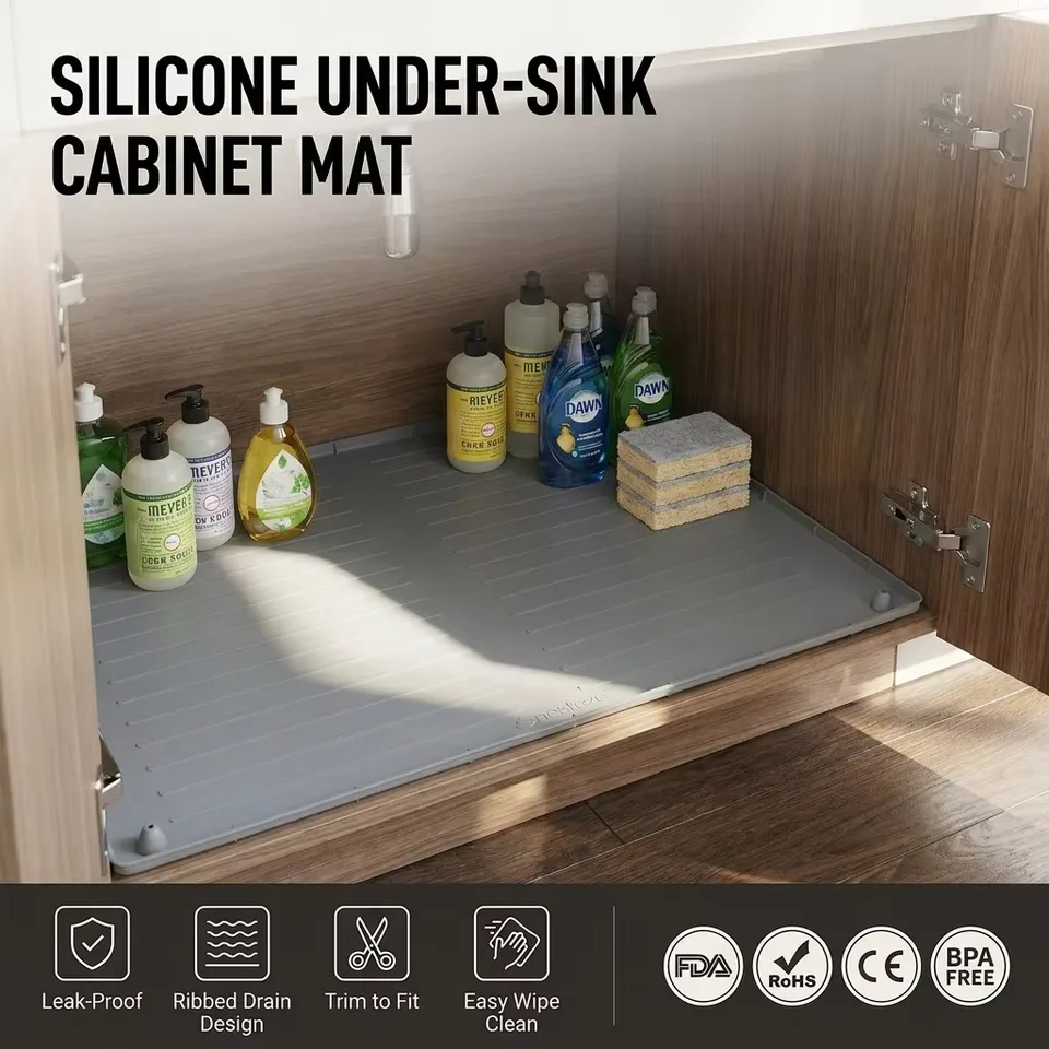 Hot Selling Waterproof Under Sink Mat Cabinet Liner Protector Silicone Drain Mat Kitchen Dish Tray Cutting Service - detail view 1